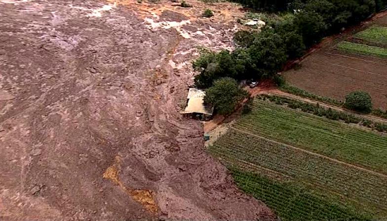 Aerial view of a landslide triggered by a dam explosion at the Corrego do Feijao mine